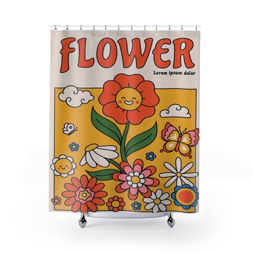 Retro Groovy Flower Shower Curtain, 60s 70s Hippie Bathroom Decor