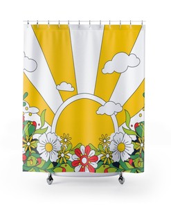 Retro Hippie Vibes Sun, Flower Power, and Groovy Mid Mod Shower Curtain for a 60s Inspired Bathroom