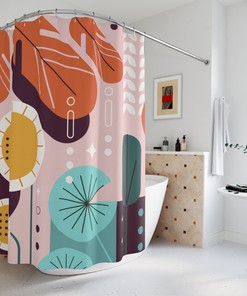 Retro Leaves Leaf Sunset Shower Curtain | Minimalistic Contemporary Art | Print Shower Curtains
