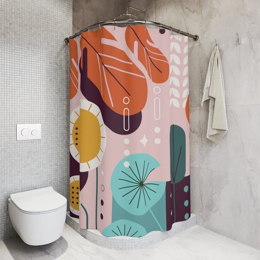 Retro Leaves Leaf Sunset Shower Curtain | Minimalistic Contemporary Art | Print Shower Curtains - Image 2