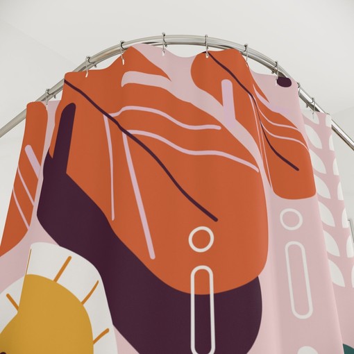 Retro Leaves Leaf Sunset Shower Curtain | Minimalistic Contemporary Art | Print Shower Curtains - Image 3