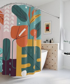 Retro Leaves Sunset Shower Curtain | Warm and Sunny Design | Luxury Shower Curtains