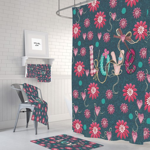 Retro Love Floral Shower Curtain | Boho Hippie Bath Decor | Vintage Bath Curtain