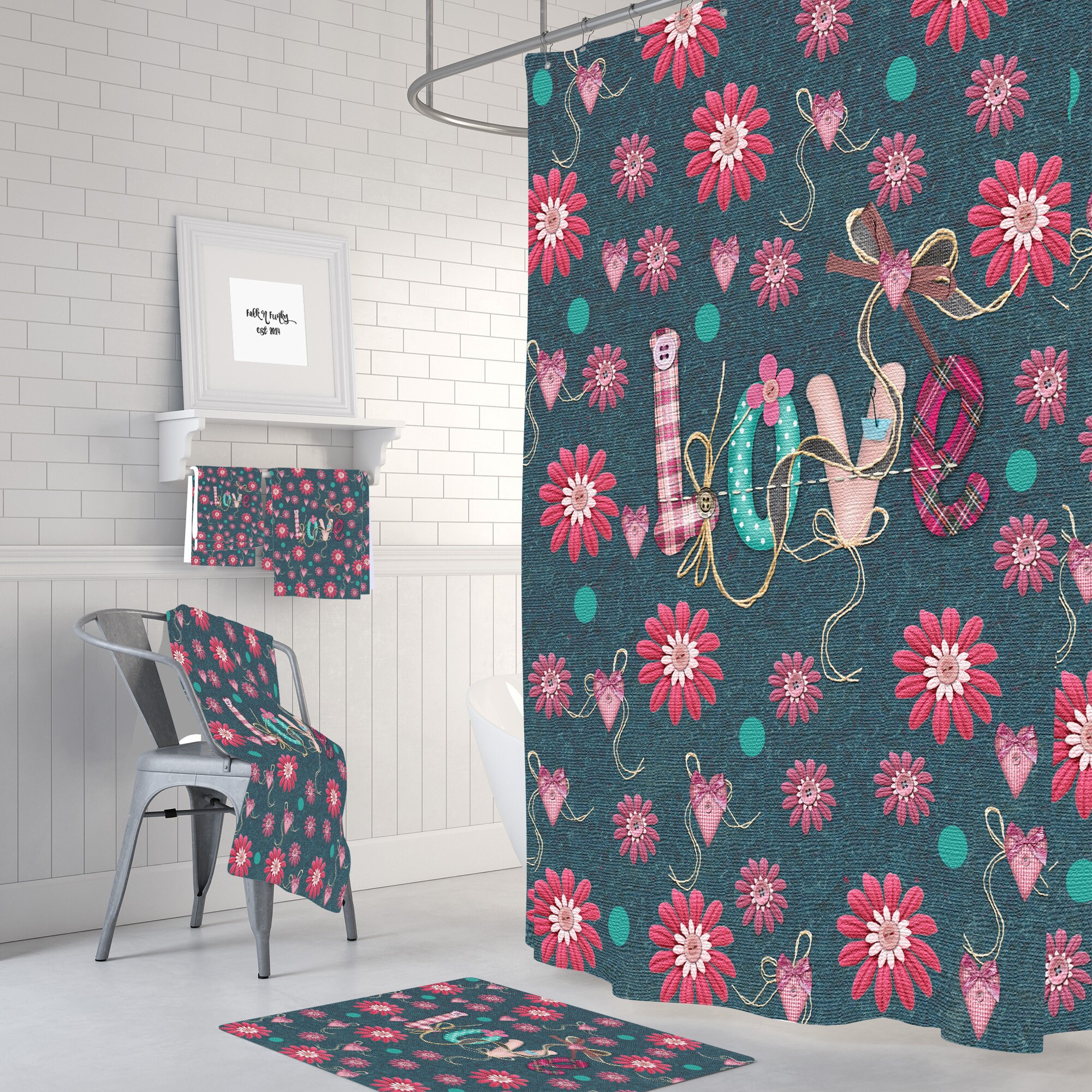 Retro Love Floral Shower Curtain | Boho Hippie Bath Decor | Vintage Bath Curtain