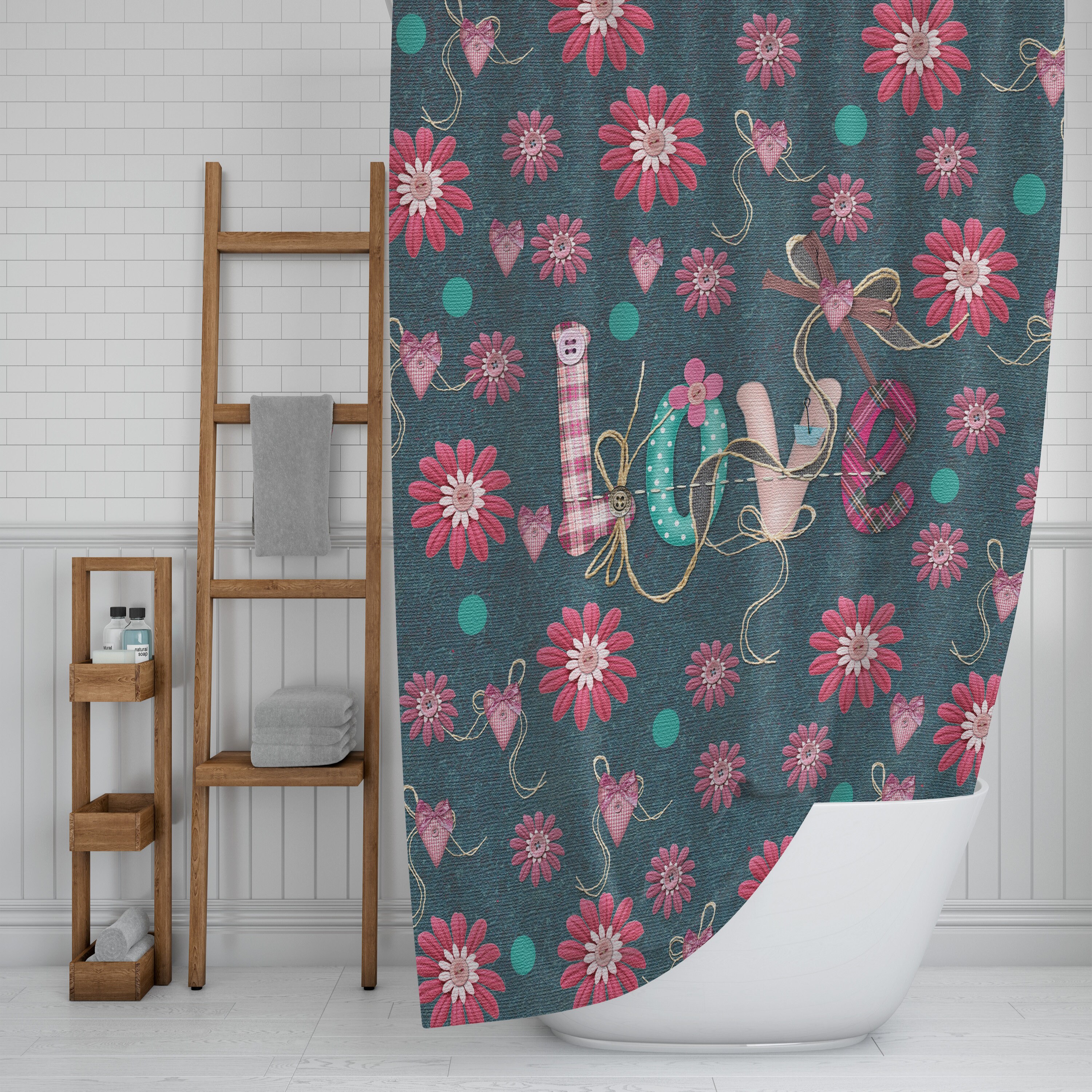 Retro Love Floral Shower Curtain | Boho Hippie Bath Decor | Vintage Bath Curtain - Image 2