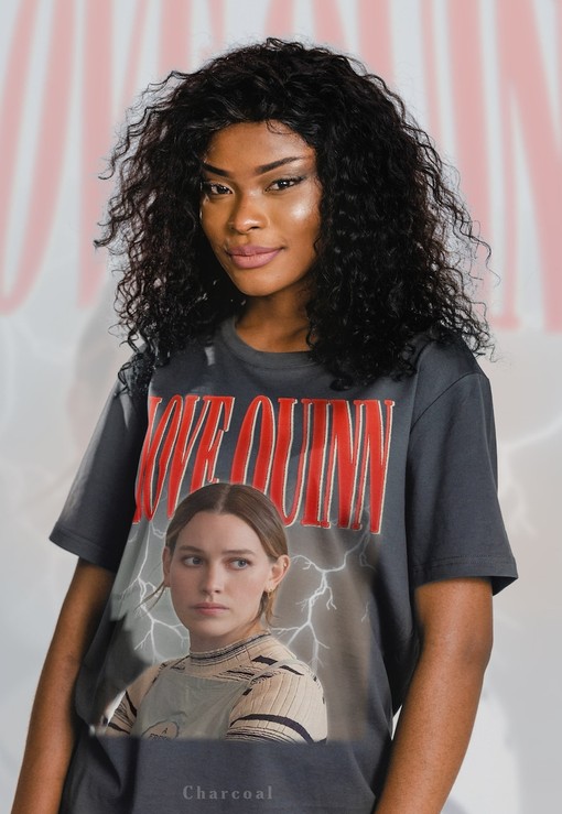 Retro Love Quinn T-Shirt from You TV Show featuring Victoria Pedretti, Joe Goldberg, Penn Badgley, and Beck