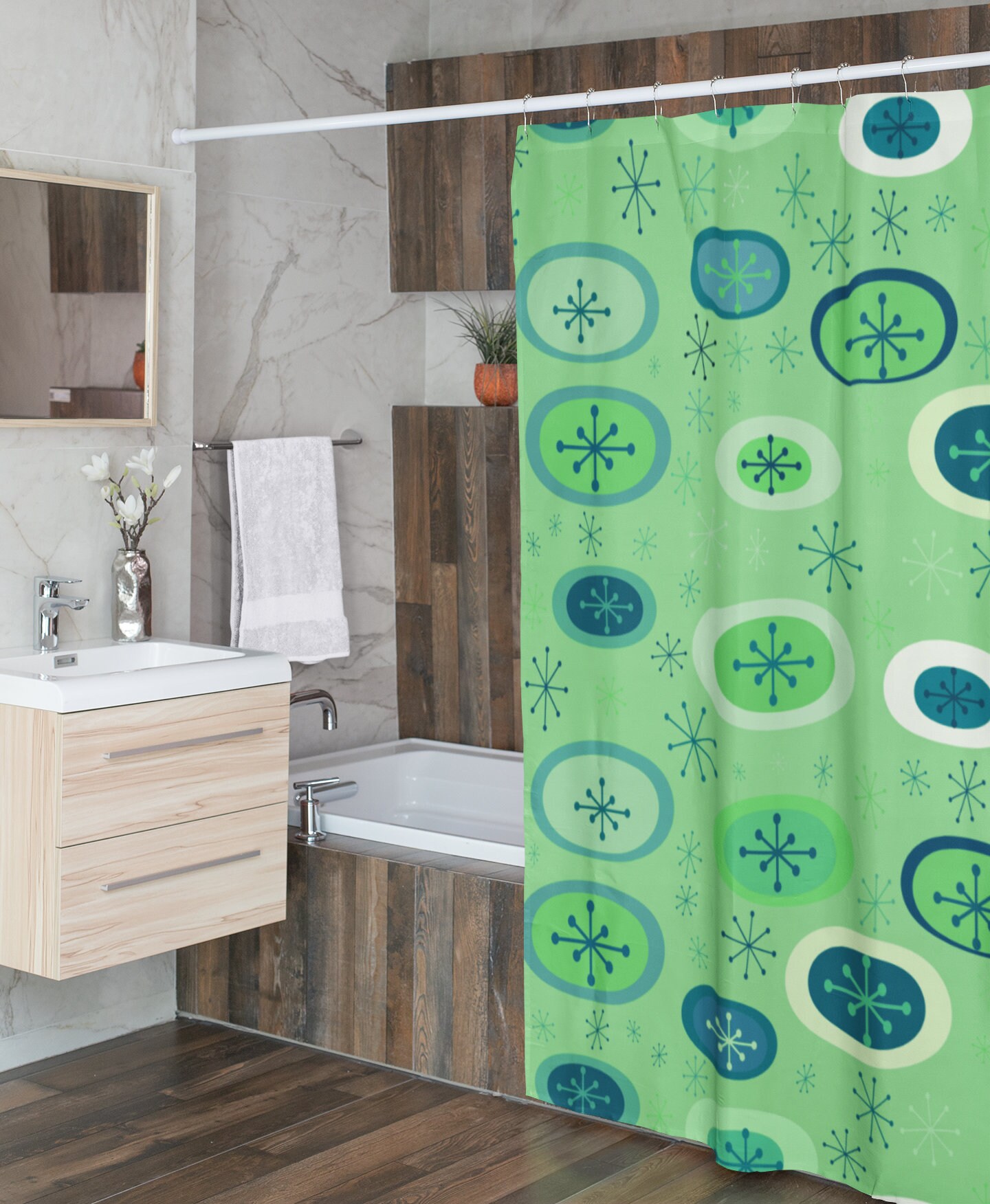 Retro Mid Century Modern Shower Curtain, Vintage Bathroom Decor, Unique Tub Accessory