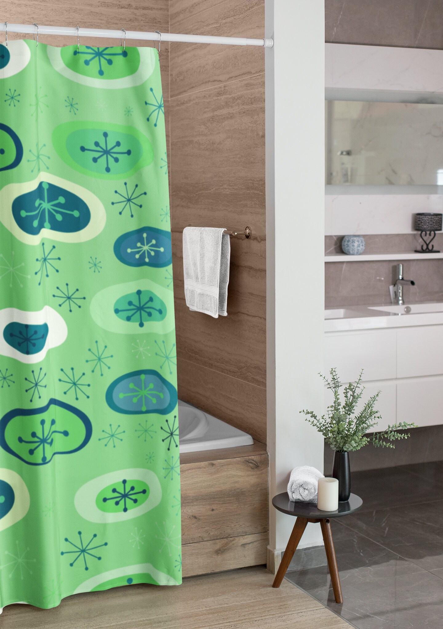 Retro Mid Century Modern Shower Curtain, Vintage Bathroom Decor, Unique Tub Accessory - Image 2