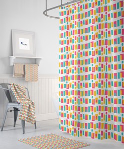 Retro Mid Century Shower Curtain | Modern Block Pattern Bath Decor | Vintage Bathroom