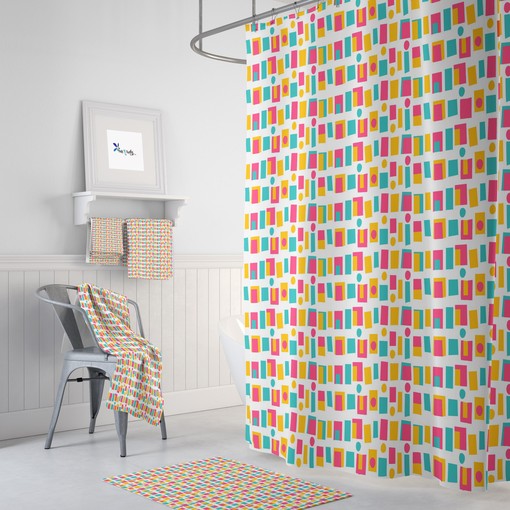 Retro Mid Century Shower Curtain | Modern Block Pattern Bath Decor | Vintage Bathroom