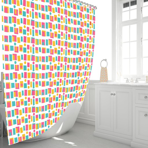Retro Mid Century Shower Curtain | Modern Block Pattern Bath Decor | Vintage Bathroom - Image 2