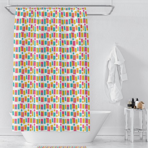 Retro Mid Century Shower Curtain | Modern Block Pattern Bath Decor | Vintage Bathroom - Image 3