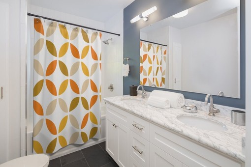 Retro Mid Mod Boho Geometric Shower Curtain with Modern Twist - Image 2