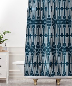 Retro Midnight Blue Shower Curtain | Geometric Bath Curtain West End Midnight Design Vintage Bathroom Shower Curtains