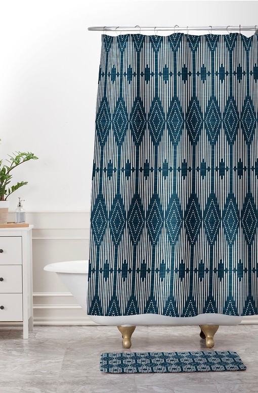 Retro Midnight Blue Shower Curtain | Geometric Bath Curtain West End Midnight Design Vintage Bathroom Shower Curtains
