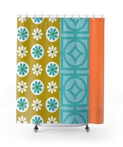 Retro Mod Daisy Shower Curtain in Green and Orange