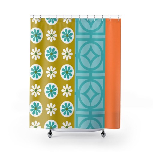 Retro Mod Daisy Shower Curtain in Green and Orange