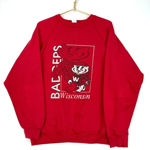 Retro NCAA Clothing: Vintage Wisconsin Badgers Red Discus Athletic Crewneck Sweatshirt