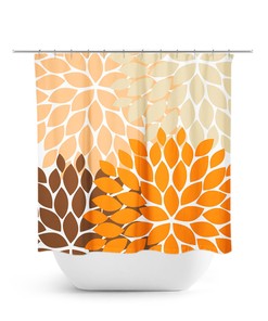Retro Orange Brown Flower Shower Curtain | Colorful Bath Curtain for Girls Bathroom Decor