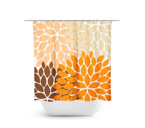Retro Orange Brown Flower Shower Curtain | Colorful Bath Curtain for Girls Bathroom Decor