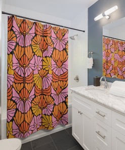 Retro Orange and Pink Shower Curtain: Vintage Bathroom Decor Idea