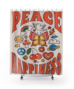 Retro Peace and Happiness Shower Curtain, Groovy 60's 70's Hippie Bathroom Accessory with Positive Message