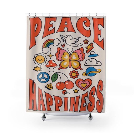 Retro Peace and Happiness Shower Curtain, Groovy 60's 70's Hippie Bathroom Accessory with Positive Message