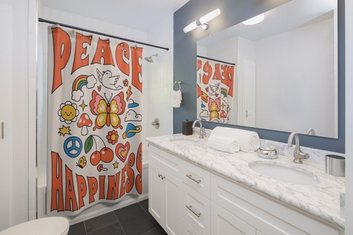 Retro Peace and Happiness Shower Curtain, Groovy 60's 70's Hippie Bathroom Accessory with Positive Message - Image 2