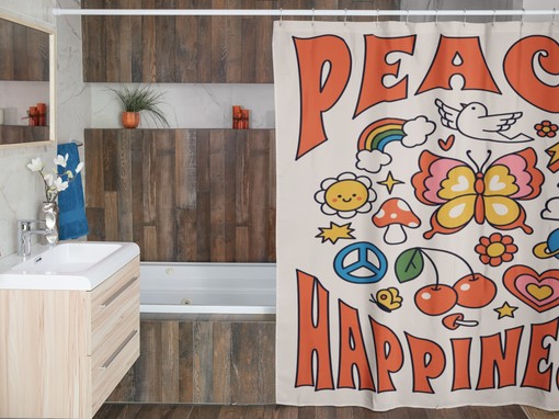 Retro Peace and Happiness Shower Curtain, Groovy 60's 70's Hippie Bathroom Accessory with Positive Message - Image 3