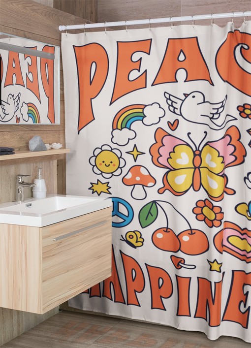 Retro Peace and Happiness Shower Curtain, Groovy 60's 70's Hippie Bathroom Accessory with Positive Message - Image 4