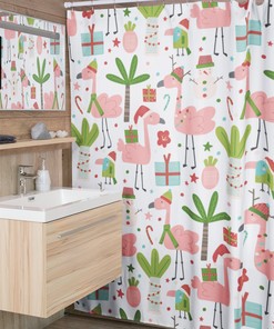 Retro Pink Flamingo Christmas Shower Curtain - Funky Bathroom Decor for Unique Bath