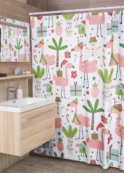 Retro Pink Flamingo Christmas Shower Curtain - Funky Bathroom Decor for Unique Bath