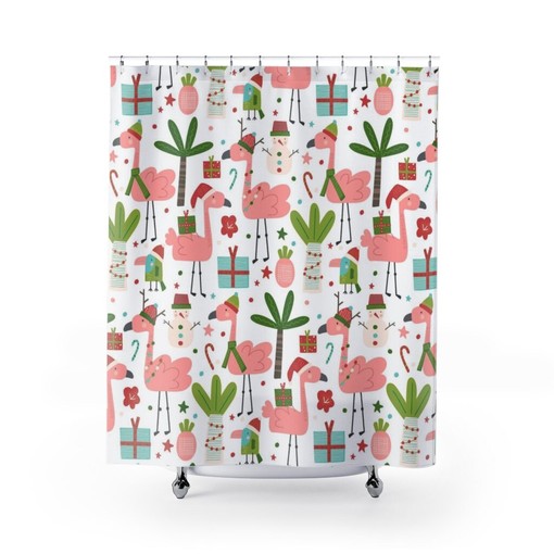 Retro Pink Flamingo Christmas Shower Curtain - Funky Bathroom Decor for Unique Bath - Image 2
