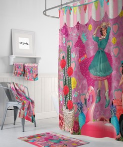 Retro Pink Theme Shower Curtain | Vintage Floral Bath Decor | 50s Style Bathroom