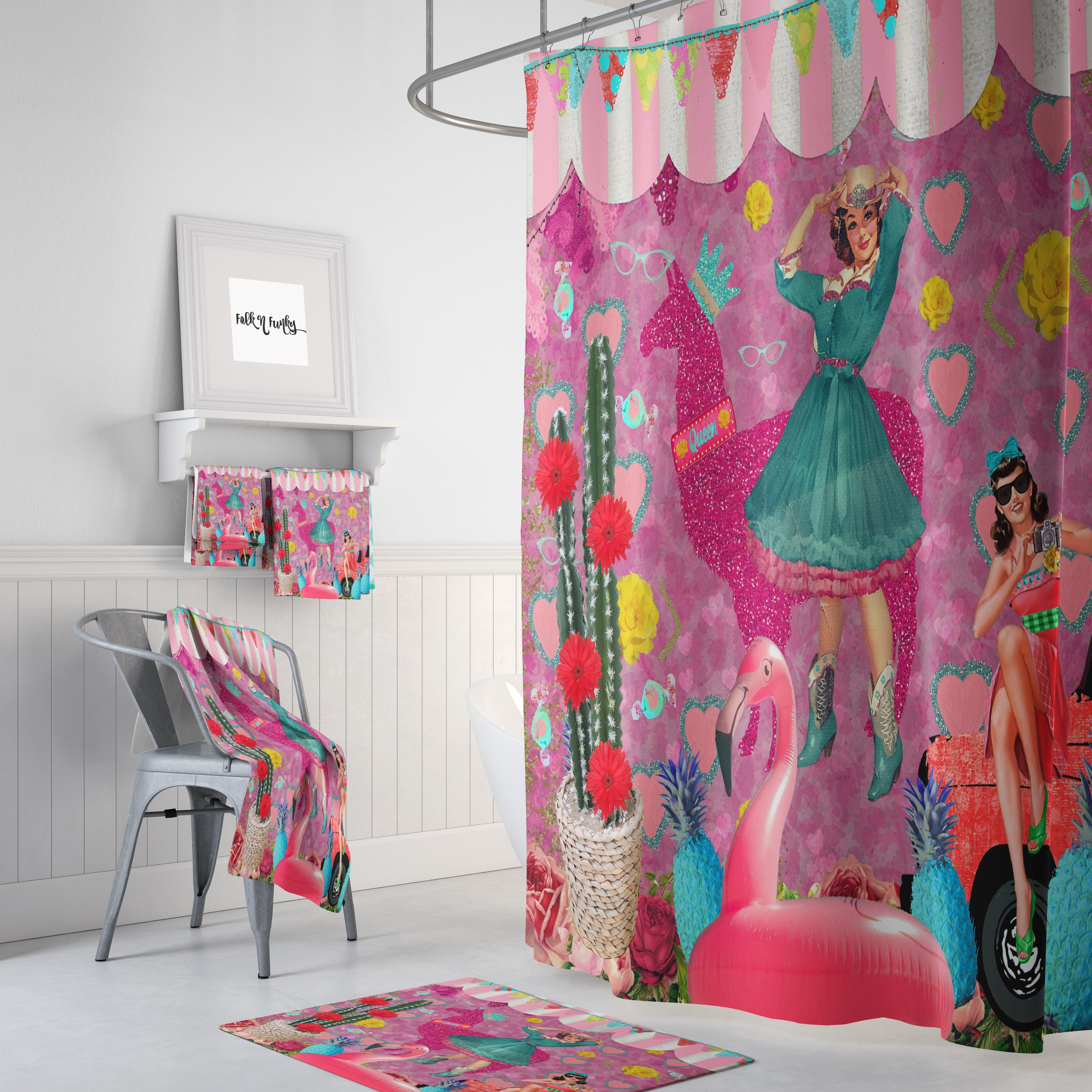 Retro Pink Theme Shower Curtain | Vintage Floral Bath Decor | 50s Style Bathroom