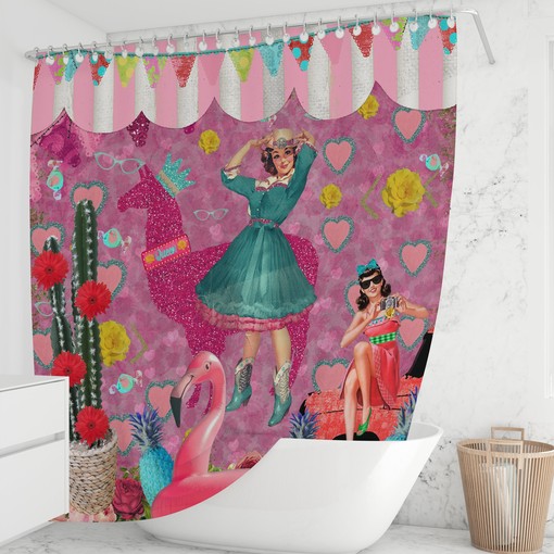 Retro Pink Theme Shower Curtain | Vintage Floral Bath Decor | 50s Style Bathroom - Image 2