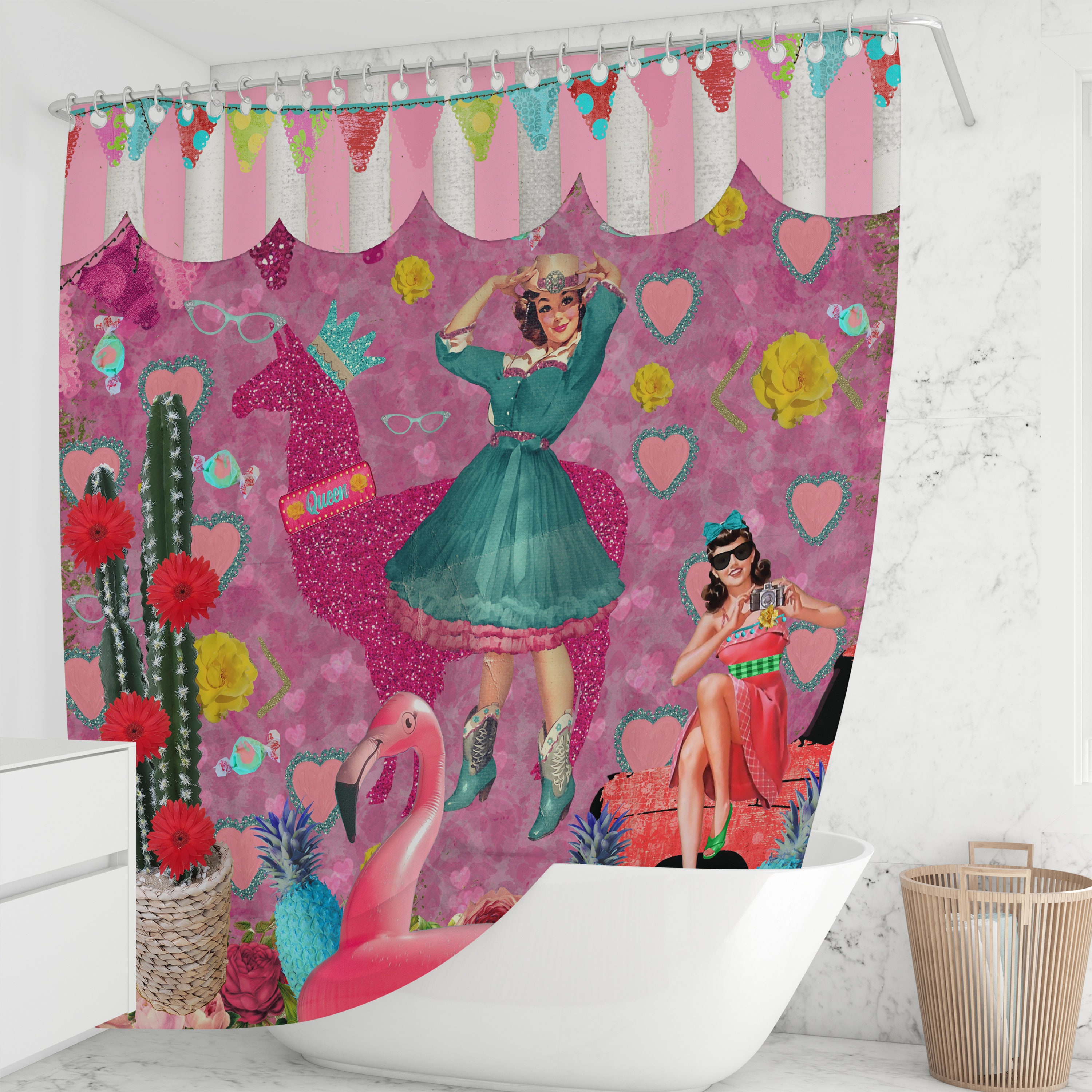 Retro Pink Theme Shower Curtain | Vintage Floral Bath Decor | 50s Style Bathroom - Image 2