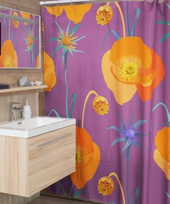 Retro Poppies Flower Shower Curtain - 1970's Bathroom Accessory with Vintage Look and Feel