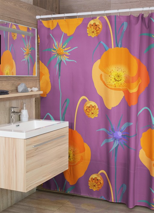 Retro Poppies Flower Shower Curtain - 1970's Bathroom Accessory with Vintage Look and Feel