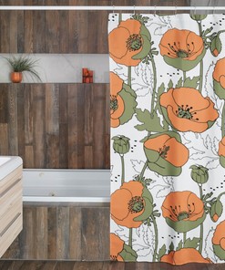 Retro Poppy Flower Shower Curtain, Vintage Bathroom Decor in a Vibrant Orange Color