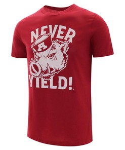 Retro Razorback Never Yield Short Sleeve T-Shirt for Men with Vintage NCAA Logo