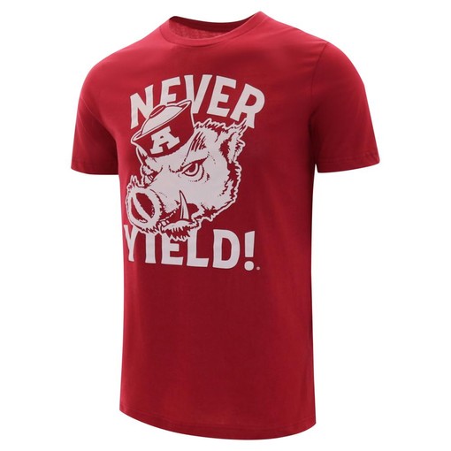 Retro Razorback Never Yield Short Sleeve T-Shirt for Men with Vintage NCAA Logo