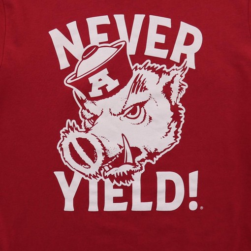 Retro Razorback Never Yield Short Sleeve T-Shirt for Men with Vintage NCAA Logo - Image 2