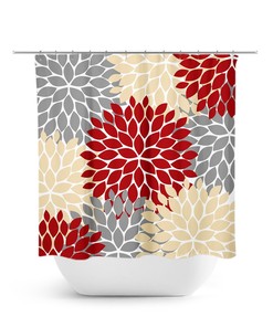 Retro Red Yellow Gray Flower Shower Curtain | Unique Yellow Water-Resistant Bath Decor