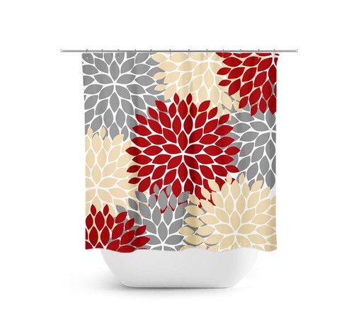 Retro Red Yellow Gray Flower Shower Curtain | Unique Yellow Water-Resistant Bath Decor