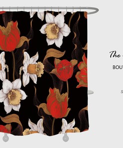 Retro Rose Flowers Shower Curtain, Black Waterproof, Vintage Bathroom Decor