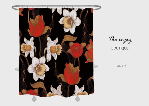 Retro Rose Flowers Shower Curtain, Black Waterproof, Vintage Bathroom Decor
