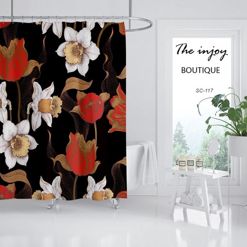 Retro Rose Flowers Shower Curtain, Black Waterproof, Vintage Bathroom Decor - Image 2