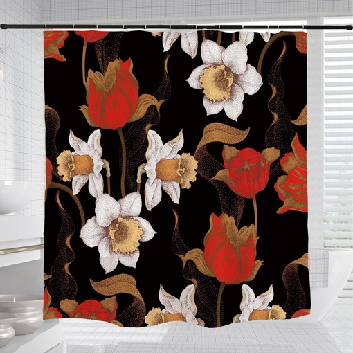 Retro Rose Flowers Shower Curtain, Black Waterproof, Vintage Bathroom Decor - Image 3