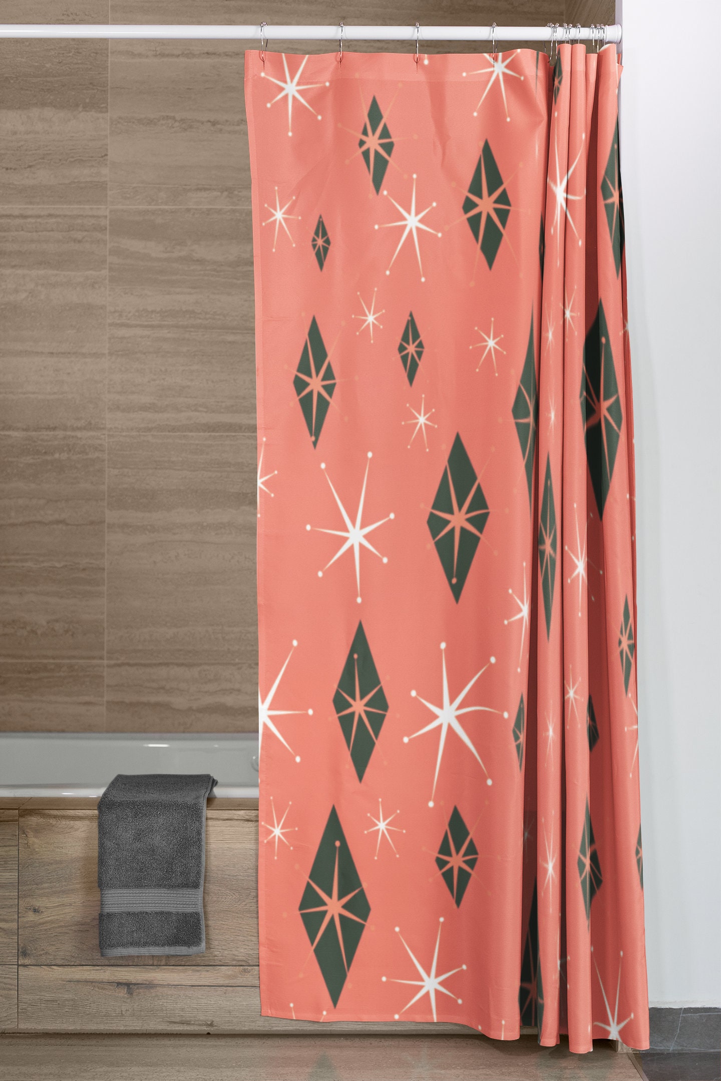 Retro Salmon Shower Curtain for Mid Century Modern Inspired Vintage Bathroom Decor